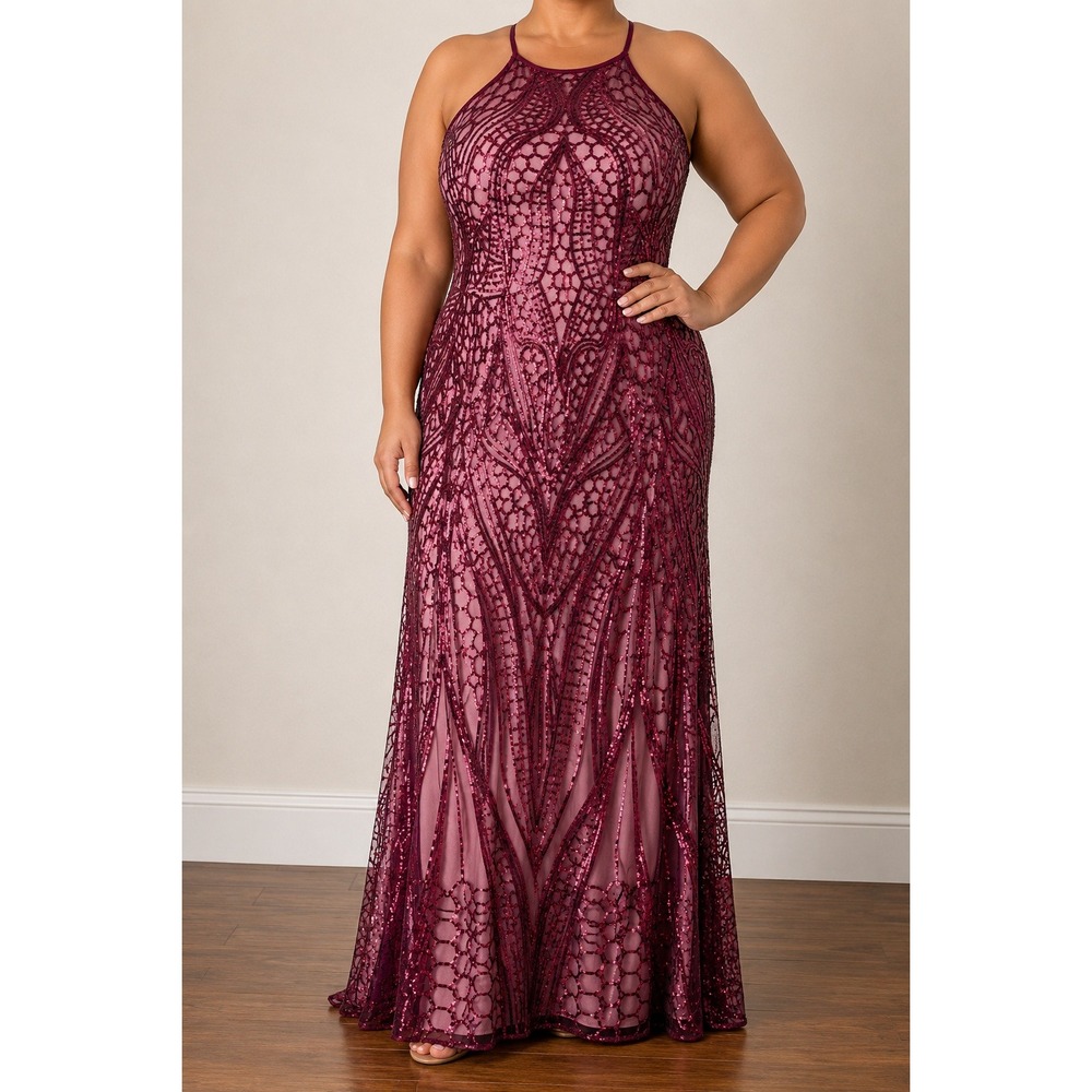 Morgan Co Burgundy Sequin Mesh Halter Evening Gown 22W Plus Size Formal Glam